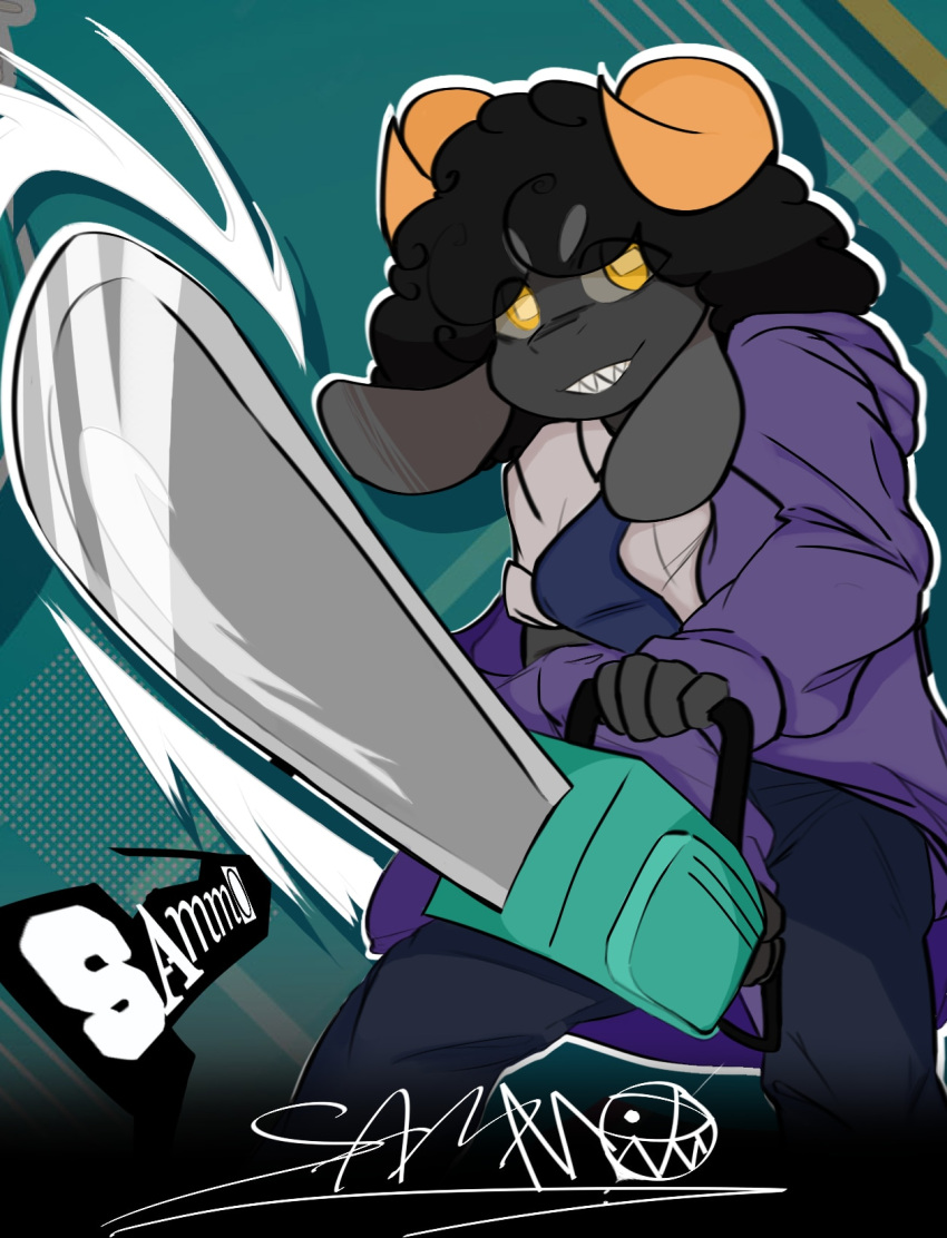 anthro black_body black_fur black_hair blue_clothing bovid caprine chainsaw clothing cross-eyed fangs fur grey_body grey_fur hair hi_res horn male mammal orange_horn power_tool purple_clothing sammo sammo_(character) sheep signature smile solo teeth tools white_clothing wool_(fur) yellow_eyes