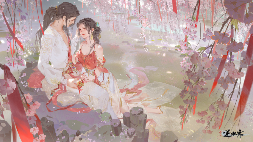 1boy 1girl black_hair closed_mouth dress flower full_body hagoromo hand_on_another's_face highres lily_pad looking_at_another medium_hair original pants ponytail red_dress rock second-party_source shawl shirt skirt smile stluthien_lululu streamers water white_pants white_shirt white_skirt wisteria