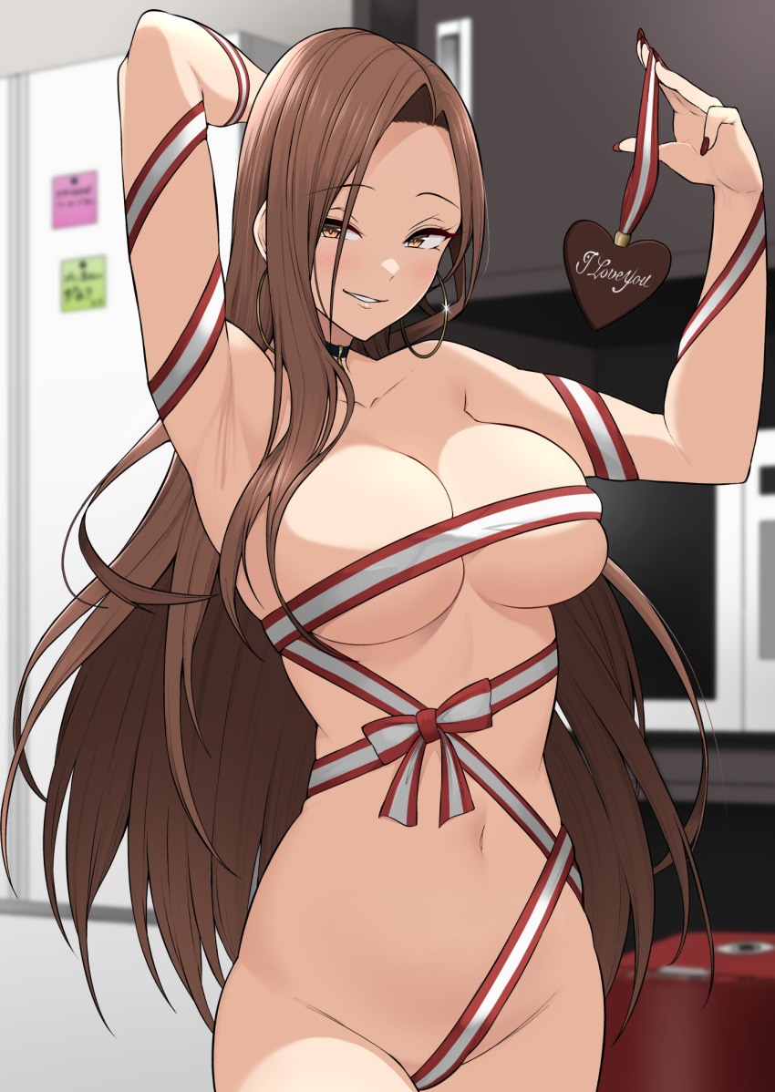 1girl arm_behind_head armpits blush bow breasts brown_eyes brown_hair chocolate choker cleavage collarbone earrings hamazaki_risa highres imaizumin-chi_wa_douyara_gal_no_tamariba_ni_natteru_rashii indoors jewelry kitchen large_breasts long_hair looking_at_viewer nail_polish navel nori_gorou original ribbon smirk standing valentine