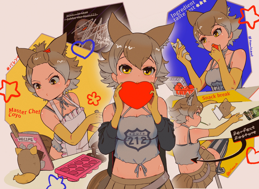 1girl absurdres animal_ears bare_shoulders beleven black_jacket blonde_hair cellphone chocolate cooking coyopotato coyote_(kemono_friends) elbow_gloves extra_ears food fruit gloves heart highres jacket kemono_friends kemono_friends_v_project looking_at_viewer navel phone shirt short_hair skirt smartphone strawberry tail valentine virtual_youtuber white_shirt wolf_ears wolf_girl wolf_tail yellow_eyes