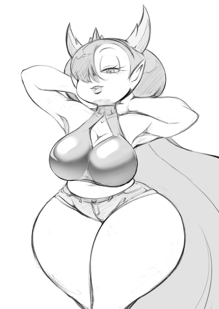 big_breasts bottomwear breasts clothing cocco curvy_figure cutoffs denim denim_clothing disney eyelashes fangs female hair hands_behind_head hekapoo hi_res horn horned_humanoid hourglass_figure humanoid humanoid_pointy_ears line_art lips long_hair looking_at_viewer monochrome navel not_furry shorts simple_background solo star_vs._the_forces_of_evil teeth thick_thighs white_background