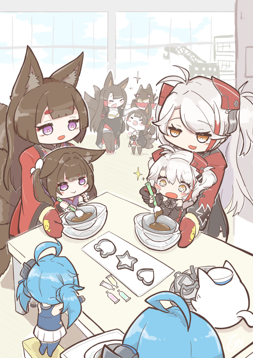 +_+ 6+girls :d :o absurdres ahoge akagi-chan_(azur_lane) akagi_(azur_lane) amagi-chan_(azur_lane) amagi_(azur_lane) animal_ear_fluff animal_ears antenna_hair azur_lane bangs bare_shoulders bell black_gloves black_kimono black_thighhighs blue_hair blue_thighhighs blunt_bangs blush blush_stickers bowl breasts brown_hair brown_tail chocolate chocolate_making cleavage closed_eyes closed_mouth commentary_request cross day dress fang fingerless_gloves fox_ears fox_girl fox_tail gloves hair_bell hair_between_eyes hair_ornament helena_(azur_lane) highres himajin_(fd_jin) holding holding_bowl indoors iron_cross japanese_clothes kimono large_breasts lena_(azur_lane) little_prinz_eugen_(azur_lane) long_hair long_sleeves manjuu_(azur_lane) meowfficer_(azur_lane) mittens mixing_bowl multicolored_hair multiple_girls multiple_tails off_shoulder open_mouth orange_eyes petting prinz_eugen_(azur_lane) purple_eyes purple_kimono red_hair red_skirt rudder_footwear shadow short_hair sidelocks skirt smile sparkle spatula standing stirring streaked_hair swept_bangs table tail thick_eyebrows thighhighs twintails two-tone_hair two_side_up white_hair white_kimono white_skirt wide_sleeves