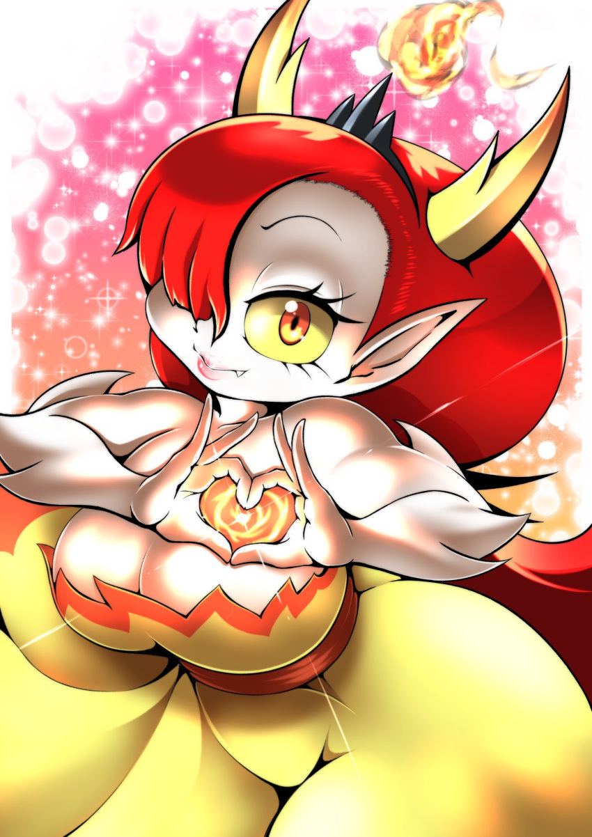 4_fingers big_breasts black_tiara breasts clothing cocco disney eyelashes fangs female fingers fire hair hands_in_front heart_gesture hekapoo hi_res horn horned_humanoid humanoid humanoid_pointy_ears lips long_hair looking_at_viewer not_furry orange_eyes pale_skin red_hair smile solo star_vs._the_forces_of_evil teeth yellow_sclera