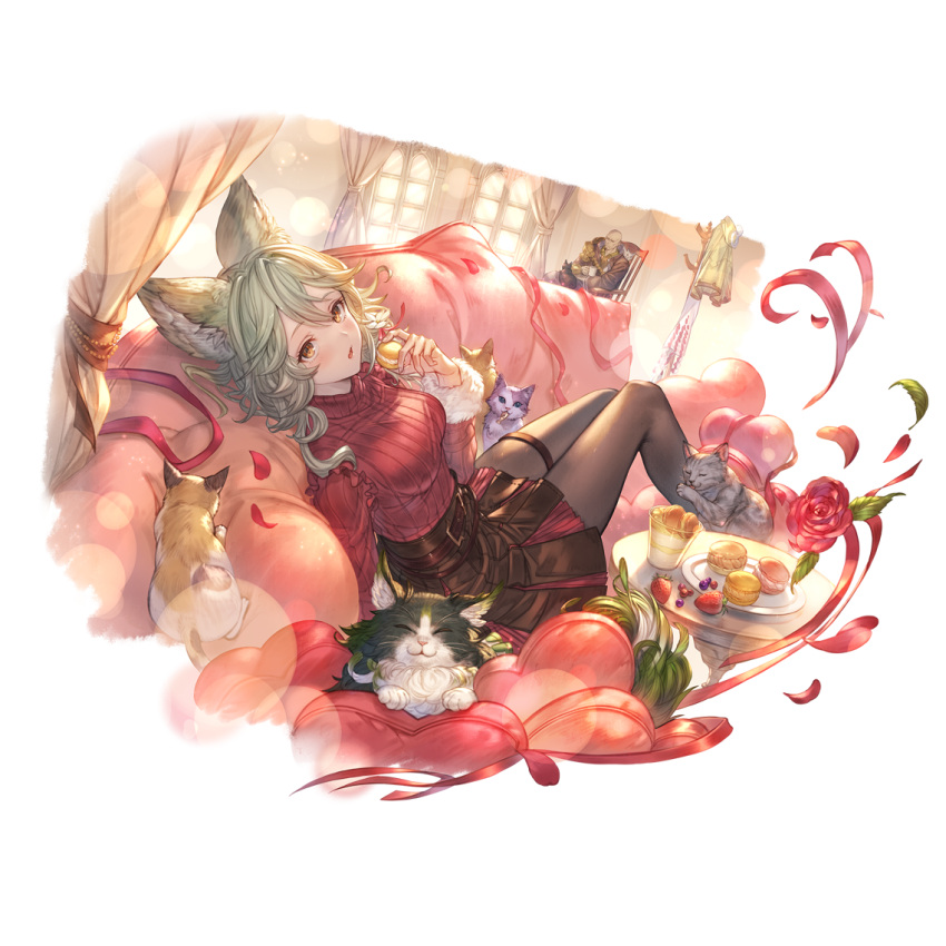 1boy 1girl alpha_transparency animal_ears bald bangs belt black_pantyhose black_skirt blush breasts cat couch dante_(granblue_fantasy) erune ewiyar_(granblue_fantasy) flower food fur-trimmed_sleeves fur_trim granblue_fantasy grey_hair hair_between_eyes hair_flower hair_ornament heart indoors long_hair long_sleeves looking_at_viewer macaron minaba_hideo official_art open_mouth pantyhose red_eyes red_sweater ribbed_sweater sen_(granblue_fantasy) sitting skirt sweater thigh_strap transparent_background valentine