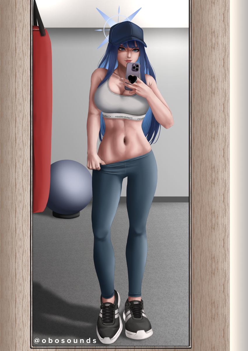 1girl absurdres alternate_costume ball bangs bare_shoulders baseball_cap black_footwear black_hair black_headwear blue_archive blue_eyes breasts calvin_klein cellphone cleavage closed_mouth clothes_pull collarbone commentary exercise_ball full_body grey_pants grey_sports_bra halo hat highres holding holding_phone long_hair looking_at_mirror looking_at_viewer medium_breasts midriff mirror mirror_image navel no_mask pants pants_pull phone punching_bag saori_(blue_archive) selfie shadow shoes sleeveless smartphone sneakers solo sports_bra sportswear standing swaraobo twitter_username yoga_pants