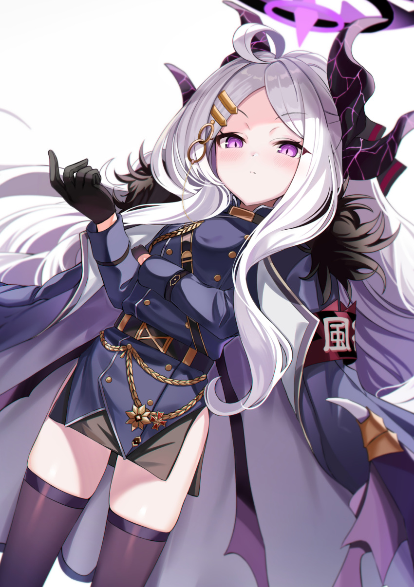 1girl ahoge black_gloves black_horns black_thighhighs blue_archive cape closed_mouth commentary fur-trimmed_jacket fur_trim gloves halo highres hina_(blue_archive) horns j_young jacket jacket_on_shoulders long_hair long_sleeves looking_at_viewer low_wings military military_uniform purple_eyes simple_background solo standing thighhighs thighs uniform white_background white_hair wings