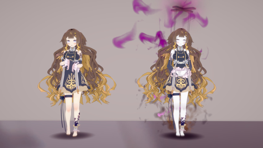 anya_melfissa aura barefoot before_and_after corruption crossed_arms dark_aura dark_persona doll doll_joints highres hololive hololive_indonesia joints koikatsu koikatsu_(medium) multicolored_hair pale_skin plain_doll possessed puppet takumisrealmtf transformation virtual_youtuber