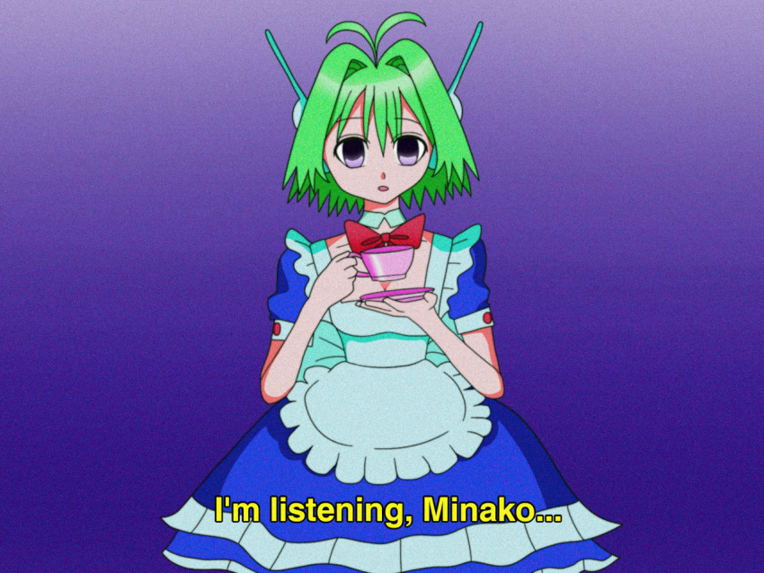 4:3 anime_style antenna_hair antennae_(anatomy) bangs bow_ribbon bow_tie breasts clothing container cup dialogue ebiisauce english_text female green_hair hair humanoid machine maid_uniform pink_bxxch_club purple_eyes red_bow red_bow_tie ribbons robot robot_humanoid short_hair short_sleeves solo tea_cup text uniform vivinos vyt-24