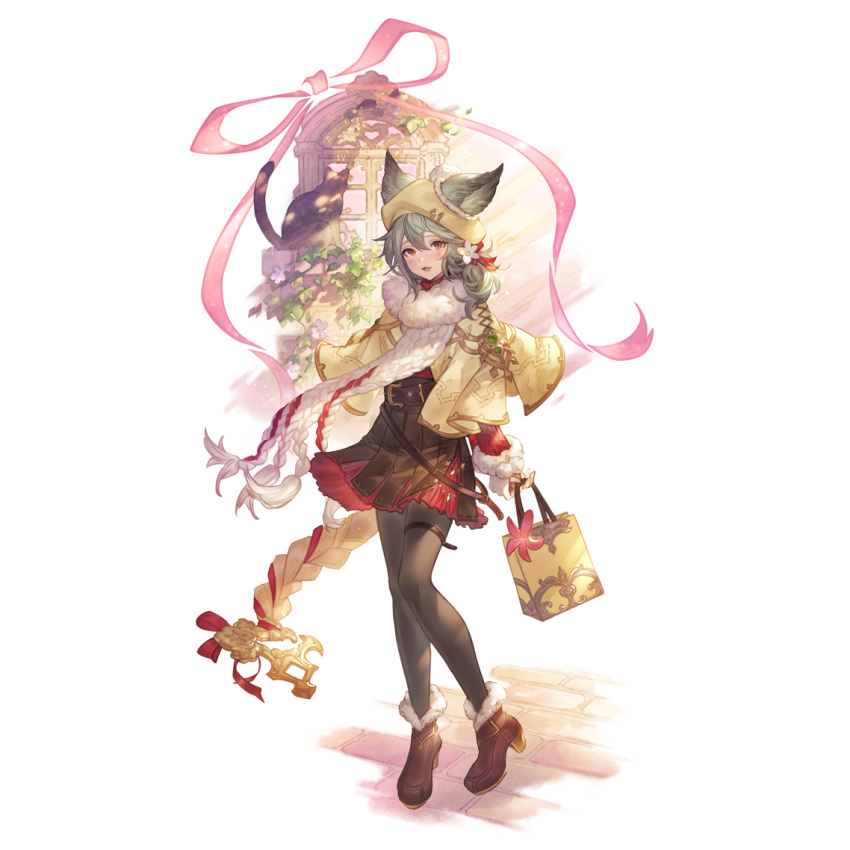 1girl alpha_transparency animal_ears bag bangs belt black_pantyhose black_skirt blush boots brown_footwear capelet cat erune flower full_body fur-trimmed_boots fur_trim granblue_fantasy grey_hair hair_between_eyes hair_flower hair_ornament high_heel_boots high_heels long_hair long_sleeves looking_at_viewer minaba_hideo official_art open_mouth pantyhose red_eyes scarf sen_(granblue_fantasy) skirt solo standing transparent_background