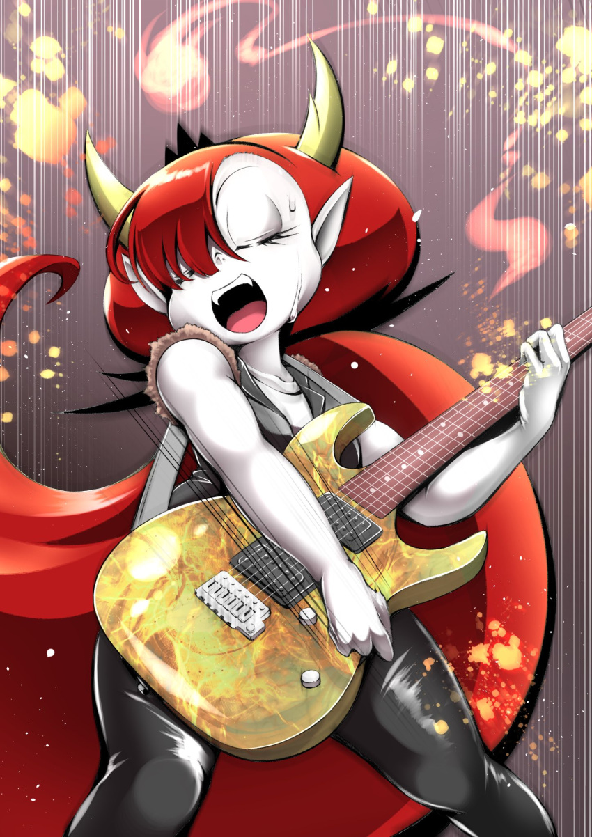 alternate_costume black_bottomwear black_clothing black_jacket black_pants black_topwear bodily_fluids bottomwear clothing cocco disney eyelashes eyes_closed fangs female fire guitar hair hair_over_eye hekapoo hi_res horn horned_humanoid humanoid humanoid_pointy_ears jacket long_hair musical_instrument not_furry one_eye_obstructed pale_skin pants playing_music plucked_string_instrument red_hair solo star_vs._the_forces_of_evil string_instrument sweat teeth topwear