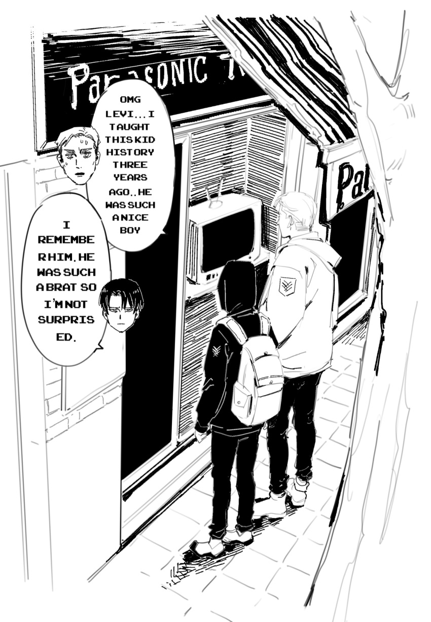 2boys alternate_universe backpack bag bangs chibi chibi_inset commentary day english_commentary english_text erwin_smith facing_away greyscale highres hood hood_down hoodie levi_(shingeki_no_kyojin) monochrome multiple_boys outdoors pants pavement shingeki_no_kyojin shoes short_hair side-by-side sketch speech_bubble standing storefront sweat sweating_profusely thisuserisalive tree typo