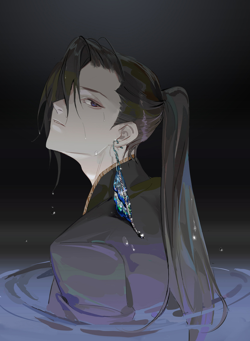 1boy aalili adam's_apple black_background black_hair butterfly_wings earrings from_behind highres jewelry li_chengze long_hair long_sleeves looking_at_viewer looking_back male_focus parted_lips partially_submerged ponytail profile purple_eyes qing_yunian solo upper_body water wet wet_hair wing_earrings wings