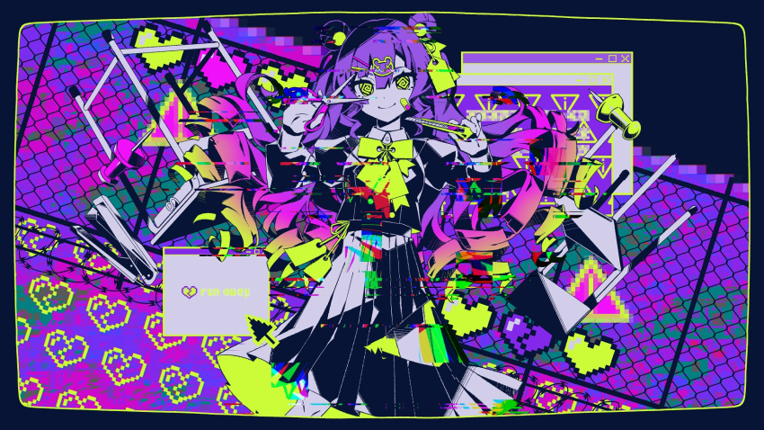 1girl @_@ bangs barbed_wire black_skirt border bow bowtie boxcutter bug_(vocaloid) chain-link_fence chair closed_mouth commentary cursor desk double_v fence glitch hair_between_eyes hair_ornament heart highres holding holding_boxcutter holding_scissors juliet_sleeves long_hair long_skirt long_sleeves looking_at_viewer neon_palette nou_(nounknown) pin pixel_heart pleated_skirt puffy_sleeves purple_hair school_chair school_desk scissors shirt sign skirt smile solo stapler tag v very_long_hair vocaloid warning_sign window_(computing) yellow_bow yellow_bowtie yellow_eyes
