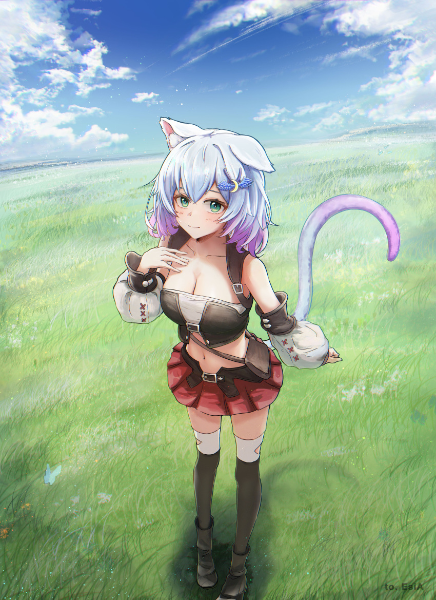 1girl absurdres animal_ears artist_request avatar_(ff14) bag bandeau bare_shoulders black_footwear black_thighhighs black_vest boots breasts cat_ears cat_girl cat_tail cleavage cloud commission crop_top day detached_sleeves final_fantasy final_fantasy_xiv full_body gradient_hair grass grasslands green_eyes hair_ornament hairclip hand_up highres long_sleeves looking_at_viewer medium_breasts midriff miniskirt miqo'te multicolored_hair navel outdoors pleated_skirt puffy_sleeves red_skirt revealing_clothes second-party_source short_hair shoulder_bag skirt sky sleeveless solo standing stomach tail tail_raised thighhighs thighs vest white_hair zettai_ryouiki