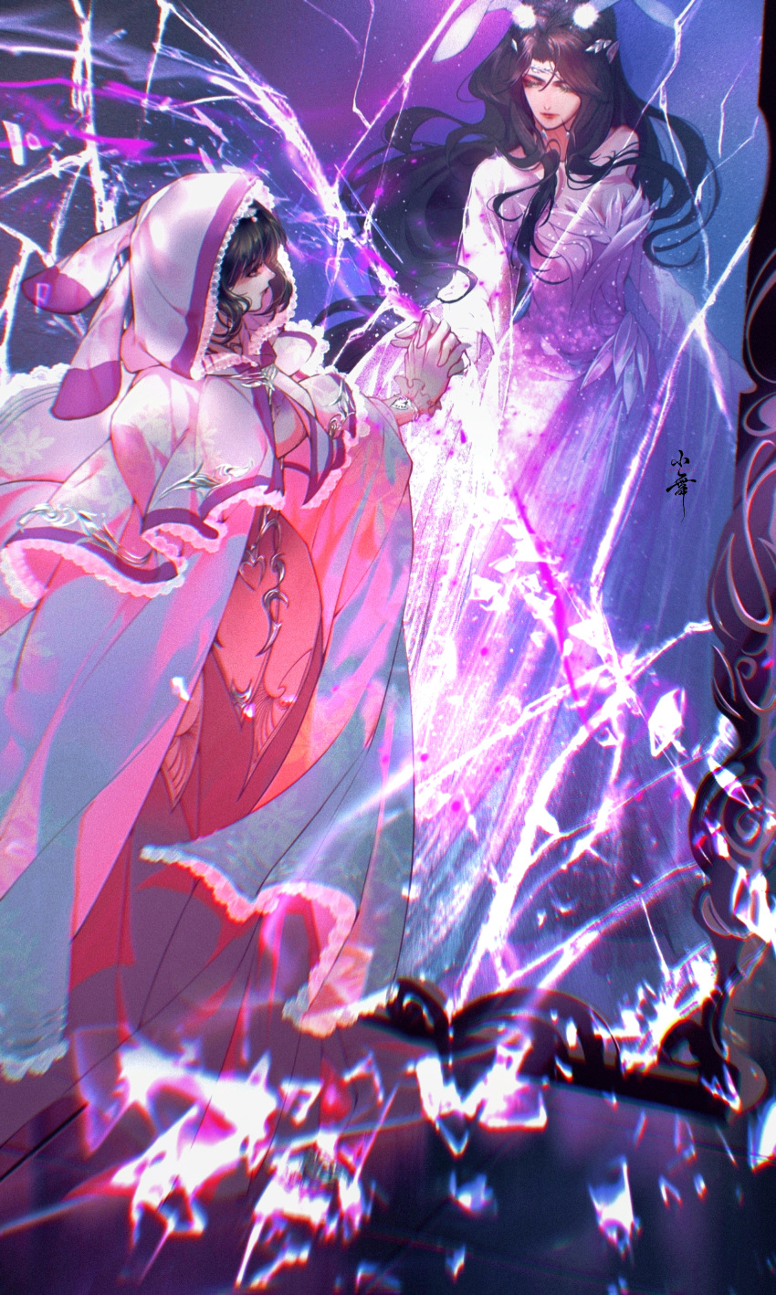 2girls absurdres animal_ears artist_request asymmetrical_dress black_hair closed_mouth coat crack different_reflection douluo_dalu dress dual_persona expressionless from_above glass_shards highres holding_hands light long_sleeves mirror multiple_girls pink_dress rabbit_ears reaching reflection second-party_source white_coat white_dress xiao_wu_(douluo_dalu)