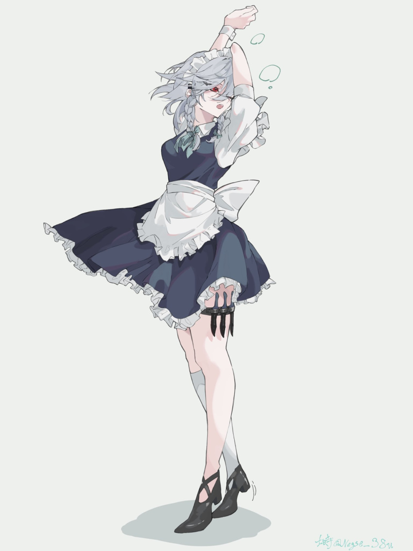 1girl apron arms_up ascot bangs black_footwear blue_ascot blue_dress bow braid breasts collared_shirt commentary_request dress frilled_apron frilled_dress frills full_body green_bow grey_background grey_hair hair_between_eyes hair_bow high_heels highres holster izayoi_sakuya knife looking_afar looking_to_the_side maid maid_headdress medium_breasts medium_hair negse_38u one_eye_closed open_mouth pinafore_dress red_eyes shirt short_sleeves simple_background single_sock socks solo standing thigh_holster throwing_knife touhou twin_braids waist_apron weapon white_apron white_socks wrist_cuffs
