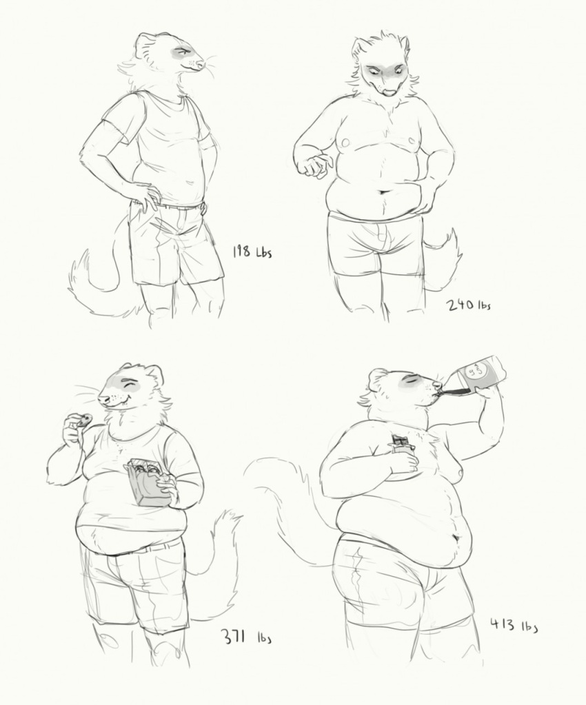 2019 anthro before_and_after belly big_belly bottle bottomwear briefs candy cettus cettus_chaput chocolate clothed clothing container cookie dessert domestic_ferret drinking eating eyes_closed food hands_on_hips happy hi_res holding_food holding_object holding_stomach looking_down male mammal moobs mustelid musteline overweight overweight_anthro overweight_male sequence shirt shorts sketch slightly_chubby slightly_chubby_anthro slightly_chubby_male smile solo standing tank_top topless topwear true_musteline underwear weasel weight_gain