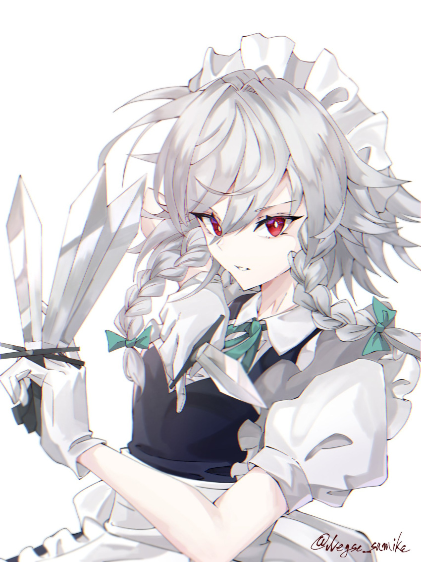 1girl aiming_at_viewer apron bangs between_fingers black_dress bow braid breasts bright_pupils collared_shirt commentary_request dress frilled_apron frills gloves green_bow green_ribbon grey_hair hair_between_eyes hair_bow highres holding holding_knife izayoi_sakuya knife looking_at_viewer maid maid_headdress medium_hair neck_ribbon negse_38u parted_lips puffy_short_sleeves puffy_sleeves red_eyes ribbon shirt short_sleeves simple_background small_breasts solo throwing_knife touhou twin_braids upper_body waist_apron weapon white_apron white_background white_gloves white_pupils white_shirt