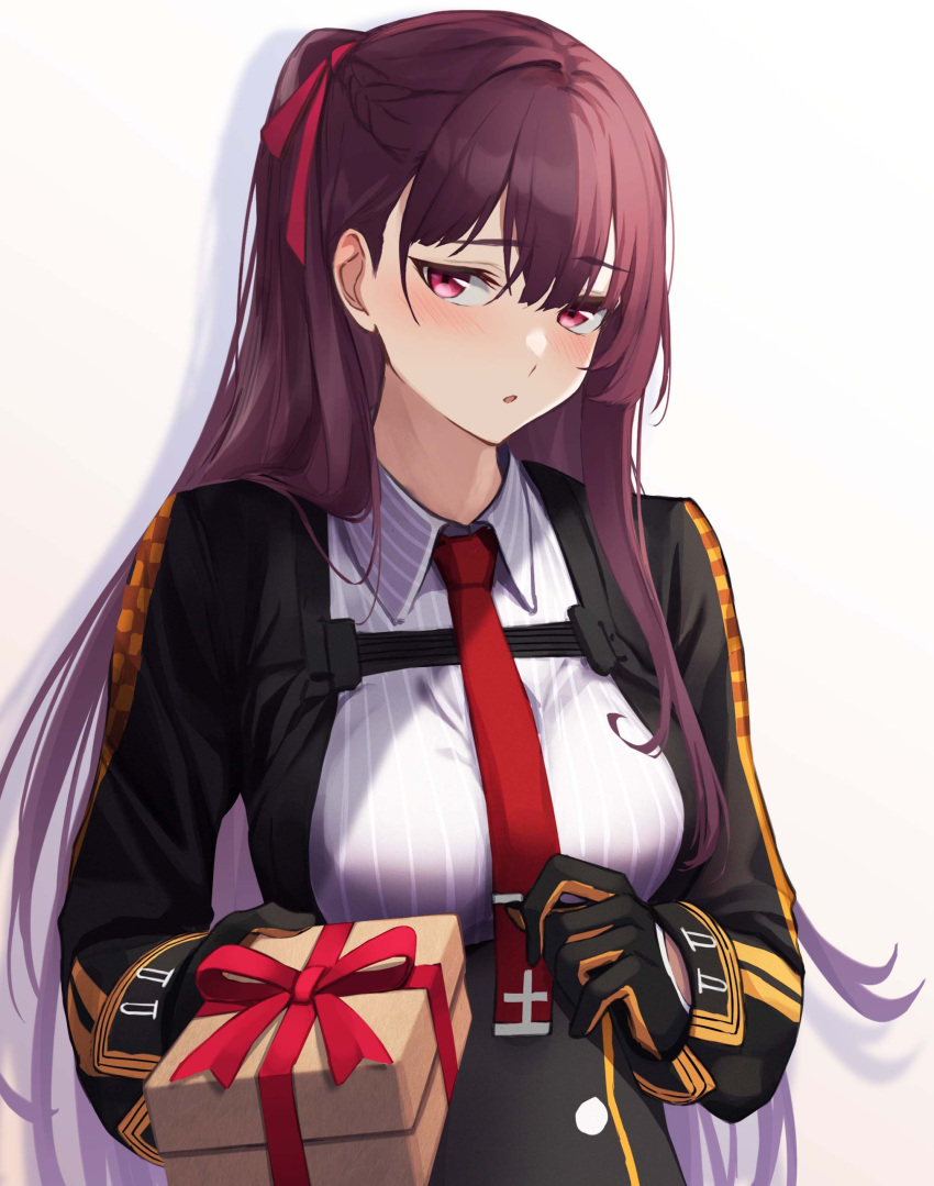 1girl 3_small_spiders absurdres black_gloves black_hair blazer box breasts collared_shirt framed_breasts gift gift_box girls'_frontline gloves half_updo highres holding holding_gift jacket large_breasts necktie one_side_up print_scarf purple_hair red_eyes red_necktie scarf shirt two-tone_gloves valentine wa2000_(girls'_frontline)
