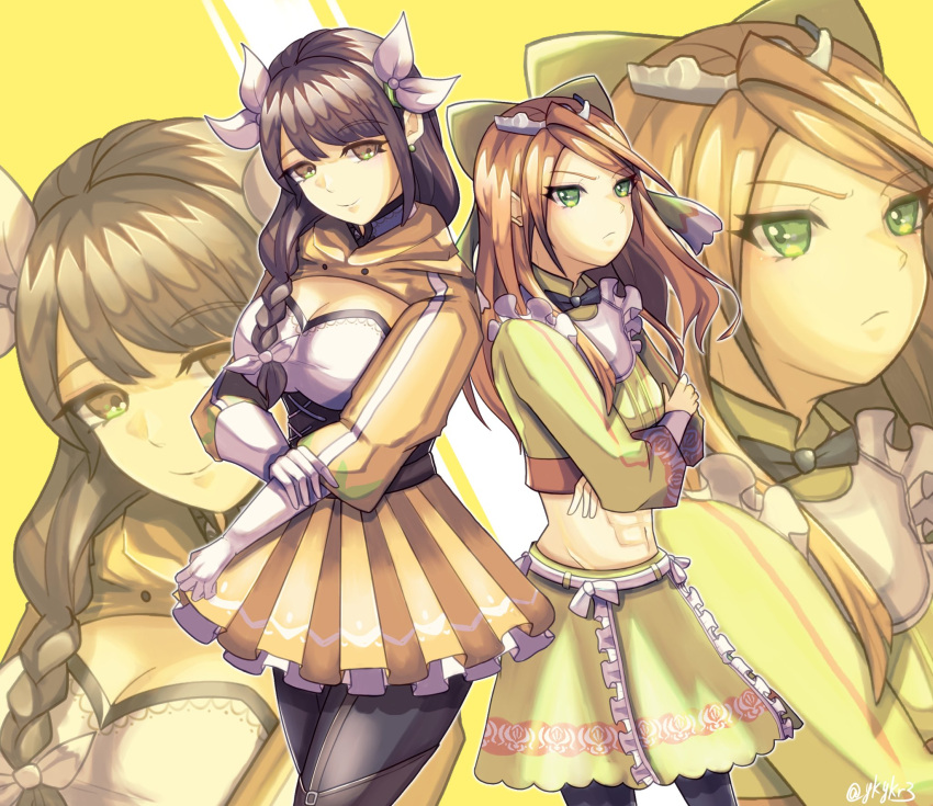 2girls abs armor black_corset black_pantyhose braid braided_ponytail breasts brown_hair cleavage_cutout clothing_cutout corset diamond_cutout dress etie_(fire_emblem) fire_emblem fire_emblem_engage flower flower_on_head gloves goldmary_(fire_emblem) green_eyes green_skirt highres hooded_top large_breasts long_sleeves maid medium_breasts multiple_girls navel orange_hair pantyhose ribbon short_dress shoulder_armor single_shoulder_pad skirt white_gloves white_ribbon yellow_dress yellow_eyes yellow_skirt ykykr3