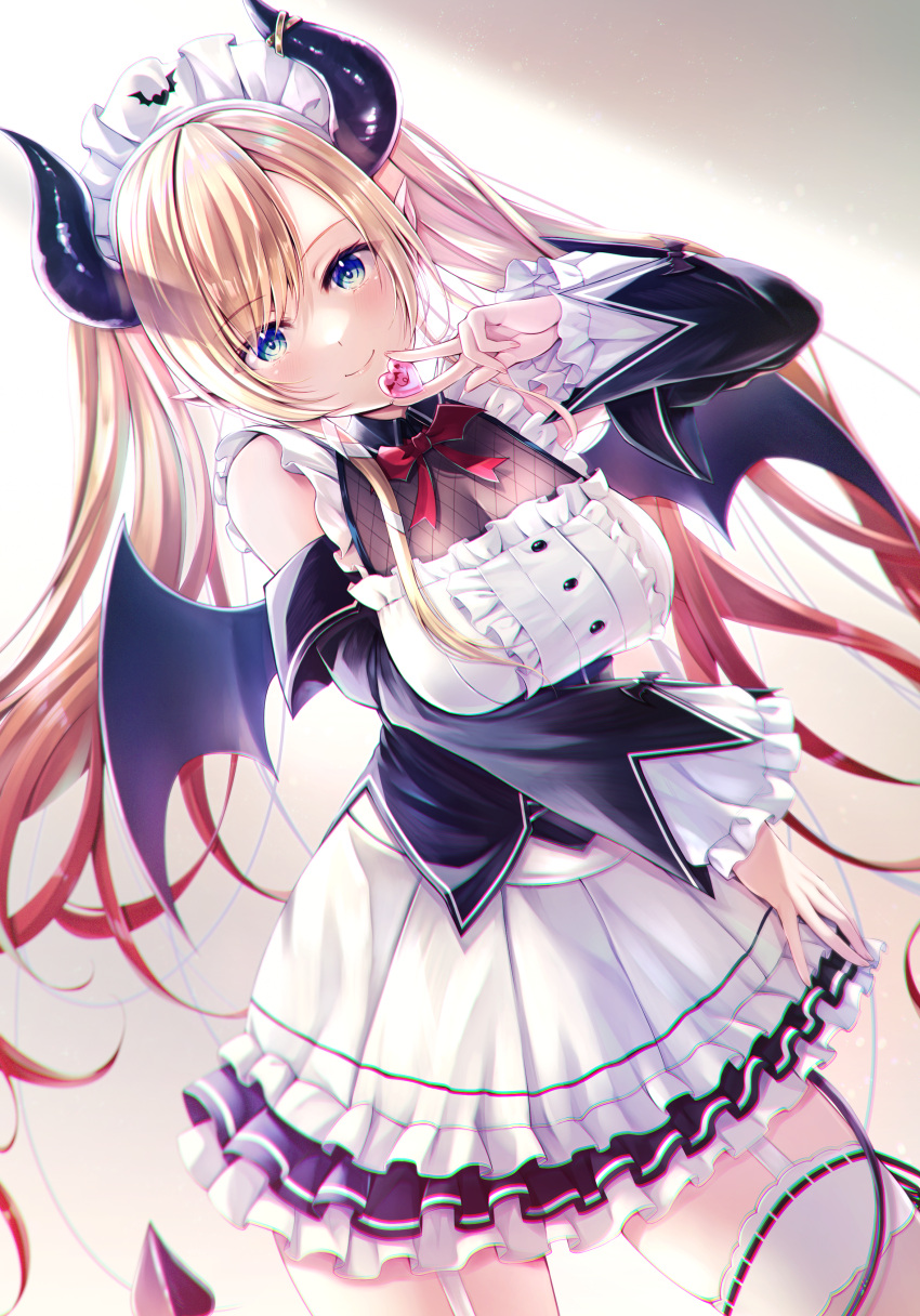 1girl absurdres blonde_hair breasts cleavage demon_girl demon_horns demon_tail demon_wings detached_sleeves dress garter_straps green_eyes highres hololive horns kamishiro_mai_(capti-no) large_breasts long_hair looking_at_viewer maid maid_headdress pink_hair pointy_ears solo tail thighhighs twintails virtual_youtuber wings yuzuki_choco