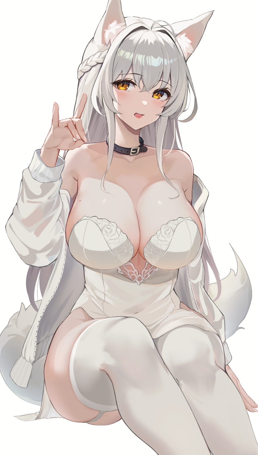 1girl absurdres ahoge animal_ear_fluff animal_ears bangs bare_shoulders belt belt_collar black_belt blush braid breasts collar commentary_request crown_braid dress feet_out_of_frame fox_ears fox_girl fox_shadow_puppet fox_tail garter_straps hair_intakes hand_up highres jacket large_breasts long_hair long_sleeves looking_at_viewer mole mole_on_breast off_shoulder open_clothes open_jacket open_mouth orange_eyes original rikiddo_(tise_00) sidelocks simple_background sitting sleeveless sleeveless_dress solo strapless strapless_dress tail thighhighs thighs white_background white_dress white_garter_straps white_hair white_jacket white_tail white_thighhighs