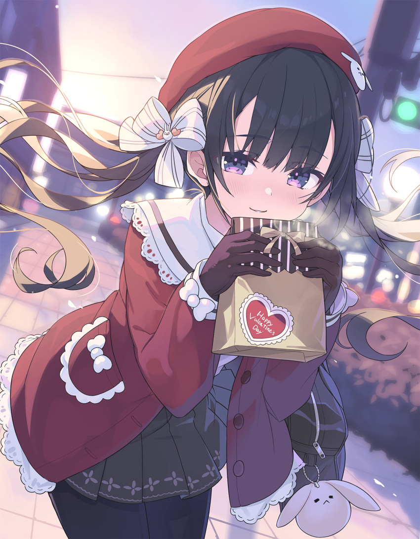 1girl bag bangs beret black_gloves black_hair black_skirt blurry blurry_background blush bow breath commentary_request depth_of_field floating_hair gift_bag gloves hair_between_eyes hair_bow hands_up happy_valentine hat heart highres holding holding_bag jacket leaning_forward long_hair long_sleeves looking_at_viewer open_clothes open_jacket original outdoors paper_bag parted_lips pleated_skirt puffy_long_sleeves puffy_sleeves purple_eyes red_headwear red_jacket school_bag school_uniform shirt skirt smile solo striped striped_bow sunset tam-u traffic_light twintails valentine very_long_hair white_bow white_shirt
