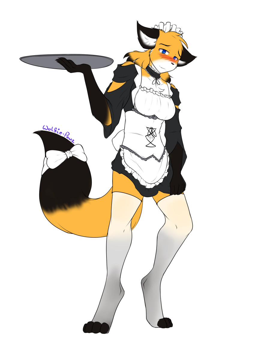 2021 3:4 accessory alpha_channel anthro arm_tuft black_body black_fur blush bow_(feature) bow_accessory bow_ribbon brown_eyes canid canine chest_tuft choker clothed clothing crossgender digitigrade dipstick_tail elbow_tuft embarrassed female fox fur furgonomics gloves_(marking) hi_res holding_object inner_ear_fluff jewelry keidran legwear looking_at_viewer maid_uniform mammal markings mike_(twokinds) multicolored_tail necklace orange_body orange_fur platter ribbons simple_background solo tail tail_accessory tail_bow tail_markings tail_ribbon thigh_highs toeless_legwear toeless_stockings transparent_background tuft twokinds uniform webcomic webcomic_character white_body white_fur wolfie-pawz