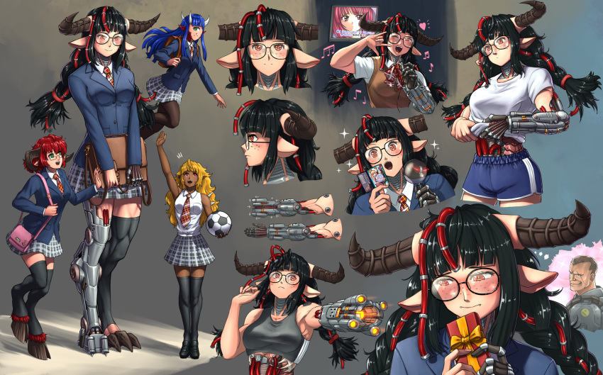 1boy 4girls ;d \m/ animal_ears arm_cannon bag ball bangs bare_arms baron_of_hell black-framed_eyewear black_hair black_pantyhose black_thighhighs blonde_hair blue_hair blunt_bangs blush braid breasts brown_eyes cacodemon commentary cow_ears cyborg dark-skinned_female dark_skin demon_girl doom_(series) doom_eternal english_commentary floating freckles giant giantess glasses green_eyes highres hooves horns imp_(doom) large_breasts long_hair long_sleeves mechanical_arms mechanical_legs monster_girl multiple_girls musical_note one_eye_closed open_mouth pantyhose personification plaid plaid_skirt red_hair short_hair single_mechanical_arm single_mechanical_leg skirt smile soccer_ball sparkle substance20 thighhighs twin_braids weapon