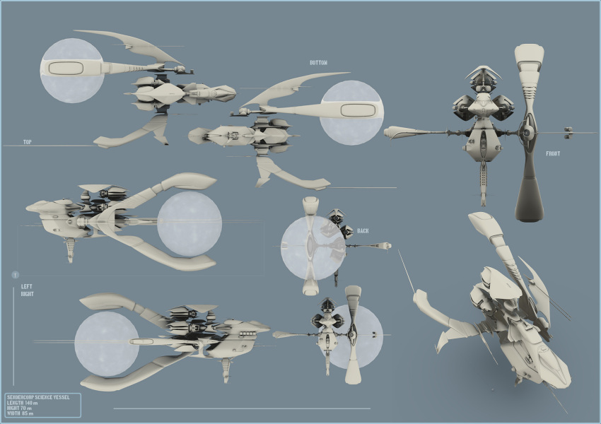 3d commentary concept_art english_text eve_online frigate_(eve_online) from_above from_behind from_below from_side grey_background highres multiple_views no_humans original pinarci science_fiction simple_background vehicle_focus