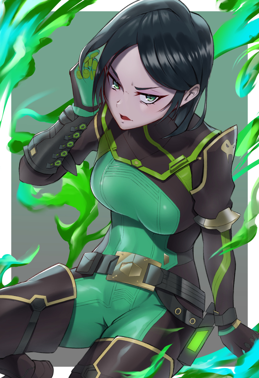 1girl absurdres bangs belt black_gloves black_hair bob_cut bodysuit border gloves green_background green_bodysuit green_eyes highres looking_at_viewer open_mouth sato_one1 short_hair smoke solo v-shaped_eyebrows valorant viper_(valorant) white_border