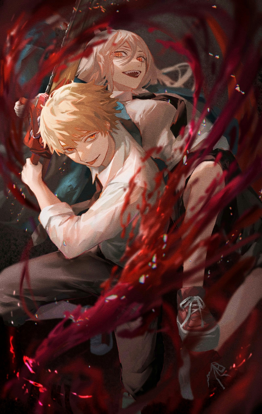 1boy 1girl absurdres black_necktie black_pants blonde_hair blood blood_spray blue_jacket chainsaw chainsaw_man collared_shirt cross-shaped_pupils denji_(chainsaw_man) grey_background highres holding holding_chainsaw jacket long_hair looking_at_viewer necktie open_mouth orange_eyes pants pants_rolled_up pink_hair power_(chainsaw_man) sharp_teeth shirt shirt_tucked_in short_hair sleeves_rolled_up smile symbol-shaped_pupils teeth tongue tongue_out white_shirt yellow_eyes yoruirooo777