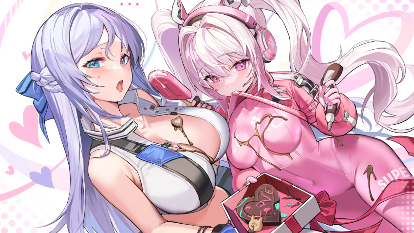 2girls alice_(nikke) bangs blue_ribbon bodysuit braid breasts candy chocolate chocolate_on_body chocolate_on_breasts cleavage folkwang_(nikke) food food_on_body french_braid gloves goddess_of_victory:_nikke hair_between_eyes hair_ribbon headphones heart heart-shaped_chocolate highres holding large_breasts long_hair looking_at_viewer medium_breasts mendou_kusai mouth_hold multiple_girls pink_bodysuit pink_eyes pink_hair popsicle ribbon simple_background sweat tongue tongue_out twintails