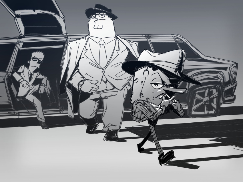 3boys alternate_costume bart_simpson car carlito_0000 cigarette closed_mouth coat coat_on_shoulders collared_shirt crossover family_guy fat fat_man fedora formal grey_background grey_theme greyscale ground_vehicle half-closed_eyes hand_in_pocket hands_up hat highres jacket lighting_cigarette limousine long_nose male_focus monochrome motor_vehicle mouth_hold multiple_boys necktie peter_griffin pinstripe_pattern pinstripe_suit pocket raised_eyebrow shadow shirt short_hair sitting sketch smoking spiked_hair spongebob_squarepants spongebob_squarepants_(character) striped suit sunglasses the_simpsons very_short_hair walking watch wristwatch