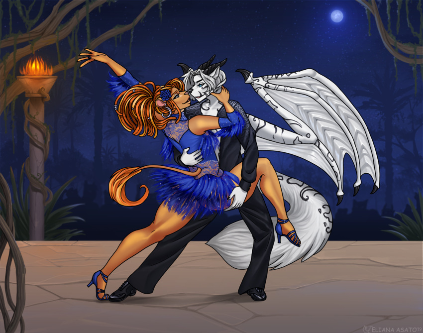 accessory anthro blue_clothing blue_dress blue_eyes blue_flower blue_rose canid canine canis clothed clothing dancing detailed_background digital_media_(artwork) dreadlocks dress duo ear_piercing ear_ring eliana-asato embrace felid female flower flower_in_hair footwear fur hair hair_accessory hand_on_hip hand_on_neck high_heels horn hug hybrid lion long_hair looking_at_another male mammal membrane_(anatomy) membranous_wings nan_nan_yakamoto open_mouth orange_body orange_fur orange_hair outside palm_tree pantherine piercing plant ring_piercing rose_(flower) samba_dancer short_dress short_hair smile standing tail tail_tuft topwear torch tree tuft white_body white_fur white_hair white_membrane wings wolf