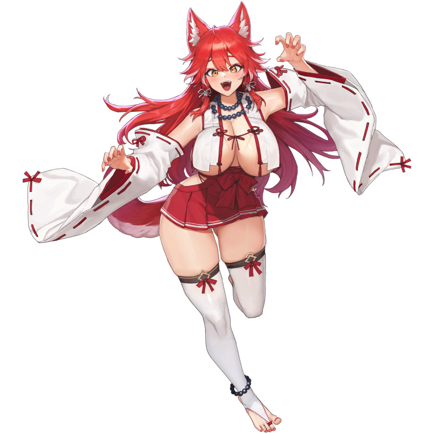 1girl ahoge animal_ear_fluff animal_ears anklet armpit_peek bare_shoulders bead_necklace beads breasts claw_pose cleavage detached_sleeves fangs fenrir_(last_origin) highres hip_vent huge_breasts jewelry large_breasts last_origin long_hair long_sleeves looking_at_viewer nail_polish necklace no_bra nontraditional_miko official_alternate_costume official_art open_mouth over-kneehighs pleated_skirt red_eyeliner red_hair red_nails red_ribbon red_skirt ribbon simple_background skindentation skirt standing tachi-e tail thick_thighs thighhighs thighs tooth_necklace transparent_background tunamayo_(dsasd751) wolf_ears wolf_girl wolf_tail yellow_eyes