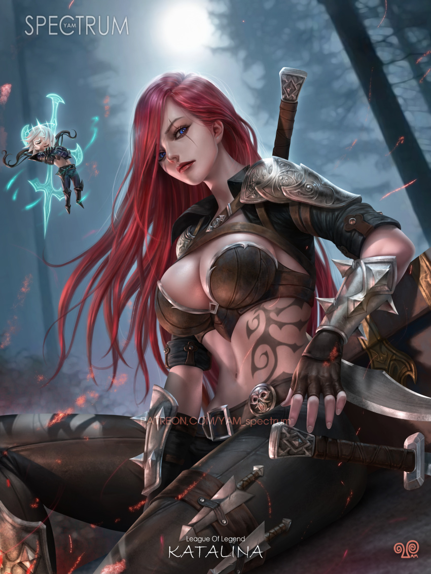1girl absurdres bikini bikini_top_only black_pants blue_eyes breasts fingerless_gloves gloves highres katarina_(league_of_legends) large_breasts league_of_legends long_hair looking_at_viewer navel paid_reward_available pants red_hair red_lips scar scar_across_eye sitting stomach swimsuit tattoo viego_(league_of_legends) weapon yam_spectrum