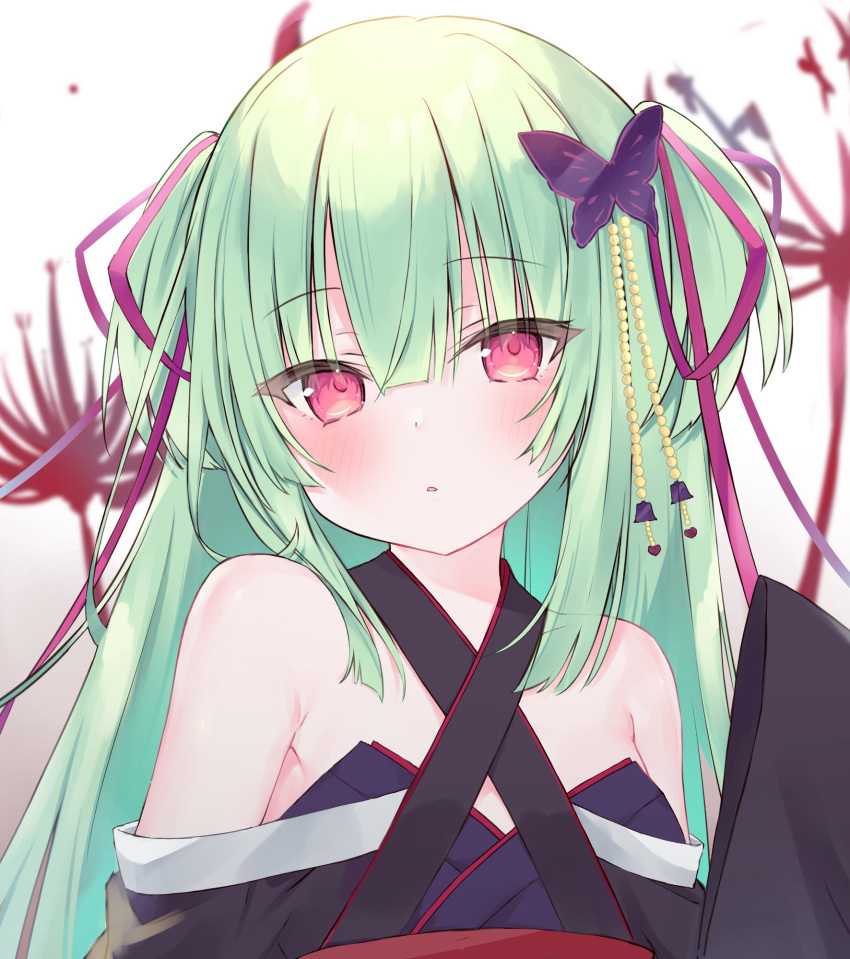 1girl bangs bare_shoulders bell black_kimono blunt_bangs blush breasts butterfly_hair_ornament commentary cross-laced_clothes expressionless eyelashes flower green_hair hair_bell hair_between_eyes hair_ornament hair_over_shoulder hair_ribbon hakua_aa head_tilt highres hime_cut japanese_clothes kimono long_hair looking_at_viewer murasame_(senren) parted_lips purple_ribbon red_eyes red_flower red_sash red_spider_lily ribbon sash senren_banka sidelocks simple_background small_breasts solo spider_lily two_side_up upper_body variant_set very_long_hair white_background yuzu-soft