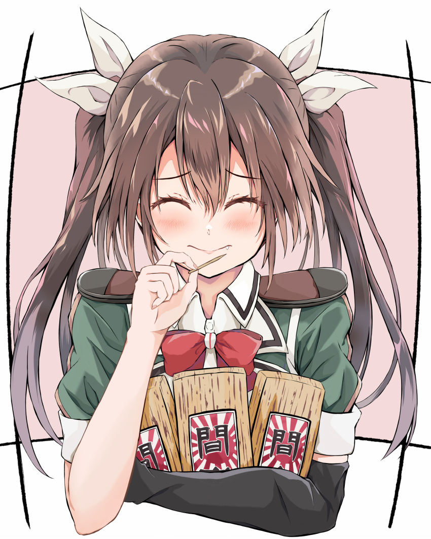 1girl bangs black_gloves brown_hair closed_eyes closed_mouth commission dairyo3 elbow_gloves facing_viewer fang food gloves green_jacket hair_between_eyes hair_ribbon highres jacket kantai_collection long_hair ribbon rising_sun_flag single_elbow_glove skeb_commission solo sunburst tone_(kancolle) upper_body wagashi white_ribbon youkan_(food)