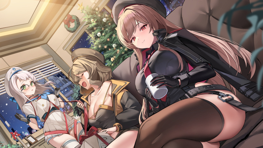 3girls anis_(nikke) bangs beret black_gloves black_headwear blush breasts brown_hair brown_thighhighs christmas christmas_tree cleavage closed_eyes closed_mouth collarbone crossed_legs cup gloves goddess_of_victory:_nikke green_eyes grey_hair hat highres holding holding_cup large_breasts long_sleeves looking_at_viewer mendou_kusai multiple_girls neon_(nikke) open_mouth parted_lips rapi_(nikke) red_eyes sitting smile thighhighs thighs white_thighhighs