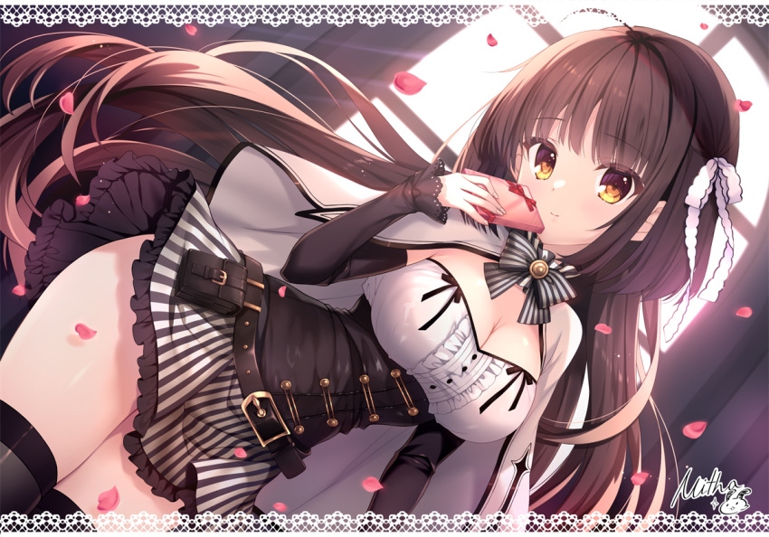 1girl backlighting black_hair black_sleeves bow box breasts brown_eyes cape cleavage closed_mouth commentary_request detached_sleeves dutch_angle frilled_skirt frills gift gift_box grey_thighhighs hair_bow hand_up holding holding_gift large_breasts long_hair long_sleeves looking_at_viewer mitha original petals pleated_skirt skirt sleeves_past_wrists smile solo striped striped_bow striped_skirt sunlight thighhighs valentine vertical-striped_skirt vertical_stripes very_long_hair white_bow white_cape window