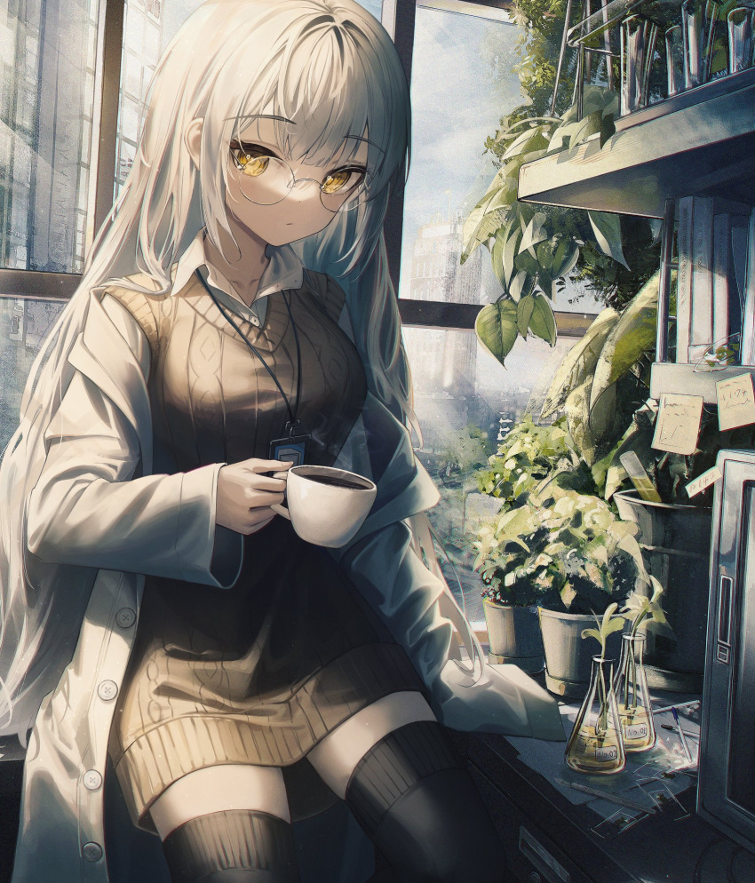 1girl bangs black_thighhighs blunt_bangs breasts cable_knit coffee_mug collared_shirt cup flippy_(cripine111) glasses highres holding holding_cup labcoat long_hair looking_at_viewer medium_breasts mug open_labcoat original plant potted_plant round_eyewear shirt sitting sleeveless sleeveless_sweater solo sticky_note sweater thighhighs very_long_hair white_hair white_shirt yellow_eyes