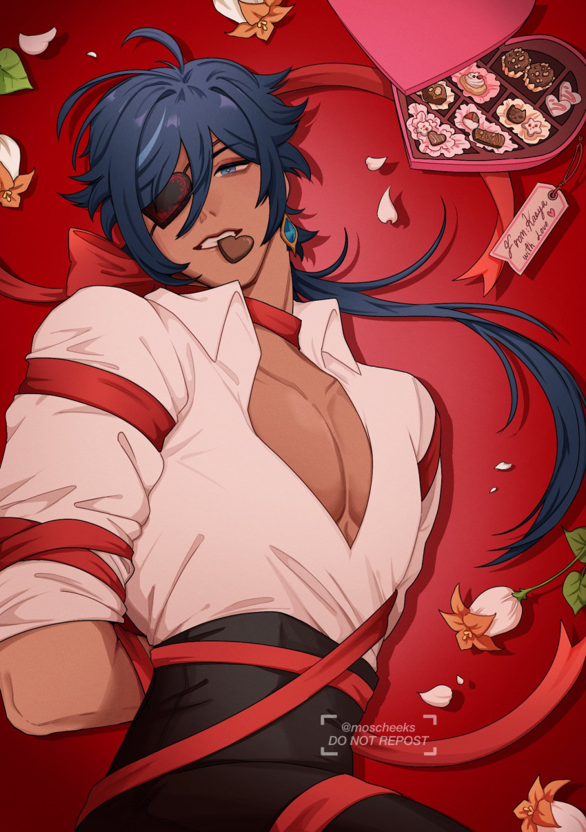 1boy arms_behind_back bdsm black_pants blue_eyes blue_hair bondage bound box candy chocolate dark-skinned_male dark_blue_hair dark_skin eyepatch food genshin_impact heart heart-shaped_box heart-shaped_chocolate heart_eyepatch highres kaeya_(genshin_impact) long_sleeves looking_at_viewer lying male_focus moscheeks pants pectoral_cleavage pectorals red_background red_ribbon ribbon shirt solo valentine white_shirt
