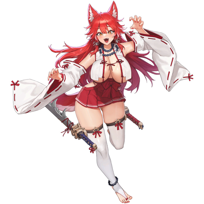 1girl ahoge animal_ear_fluff animal_ears anklet armpit_peek bare_shoulders bead_necklace beads breasts claw_pose cleavage detached_sleeves fangs fenrir_(last_origin) highres hip_vent huge_breasts jewelry large_breasts last_origin long_hair long_sleeves looking_at_viewer multiple_weapons nail_polish necklace no_bra nontraditional_miko official_alternate_costume official_art open_mouth over-kneehighs pleated_skirt red_eyeliner red_hair red_nails red_ribbon red_skirt ribbon simple_background skindentation skirt standing sword tachi-e tail thick_thighs thighhighs thighs tooth_necklace transparent_background tunamayo_(dsasd751) weapon wolf_ears wolf_girl wolf_tail yellow_eyes