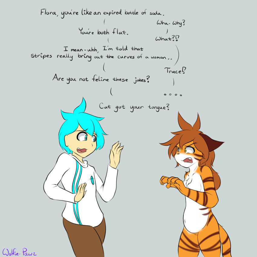 anthro blue_eyes blue_hair brown_hair claws_out clothing duo felid female flora_(twokinds) fur hair hi_res human keidran male mammal markings orange_body orange_fur pantherine striped_markings stripes tiger trace_legacy twokinds webcomic white_body white_fur wolfie-pawz yellow_eyes