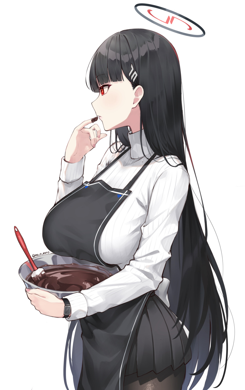 1girl absurdres apron black_hair black_pantyhose blue_archive bowl breasts chocolate hair_ornament hairclip halo highres hime_cut long_hair mono_(mo_n_mno) pantyhose pleated_skirt red_eyes rio_(blue_archive) simple_background skirt solo spatula sweater turtleneck turtleneck_sweater watch white_background wristwatch