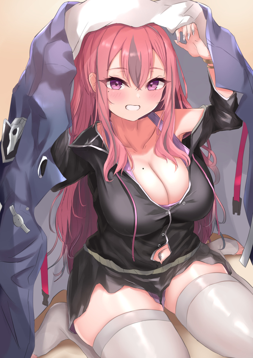1girl absurdres ana_(vvvvor) arms_up azur_lane bangs black_jacket black_shorts blush breasts bremerton_(azur_lane) bremerton_(relaxation_consultation)_(azur_lane) cleavage clothing_cutout collarbone commentary drawstring gold_bracelet grey_hair hair_between_eyes hair_down highres jacket jacket_on_head jacket_over_head large_breasts long_hair looking_at_viewer mole mole_on_breast mole_under_eye multicolored_hair nail_art navel navel_cutout navel_piercing off_shoulder official_alternate_costume official_alternate_hairstyle parted_lips piercing pink_eyes pink_hair purple_tank_top shadow short_shorts shorts sidelocks single_bare_shoulder sitting skindentation smile solo streaked_hair tank_top thighhighs toeless_legwear two-tone_hair wariza white_thighhighs
