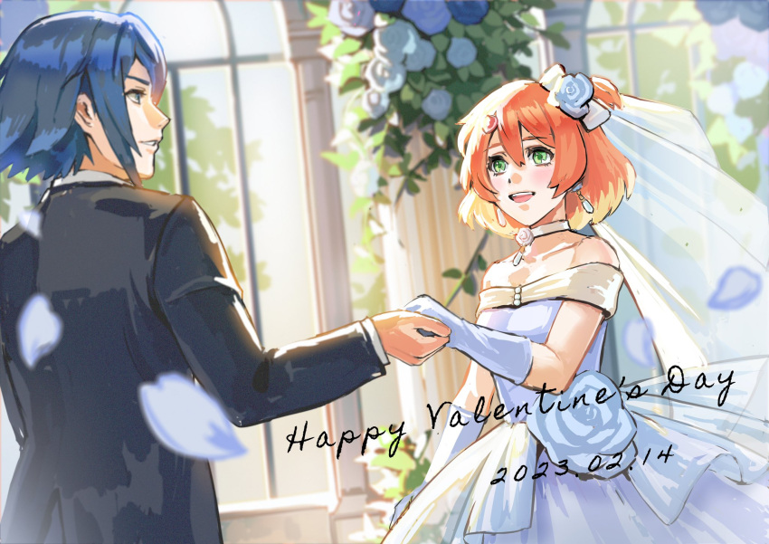 1boy 1girl bangs black_jacket blonde_hair blue_flower blue_hair bow bridal_veil choker collarbone colored_tips commentary couple dated dress earrings flower formal freyja_wion gloves green_eyes hair_bow hair_flower hair_ornament happy_valentine hayate_immelmann heart heart_hair_ornament hetero highres holding_hands jacket jewelry macross macross_delta multicolored_hair nekkikamille off-shoulder_dress off_shoulder one_side_up open_mouth orange_hair parted_lips petals short_hair smile suit symbol-only_commentary veil wedding wedding_dress white_bow white_choker white_dress white_gloves