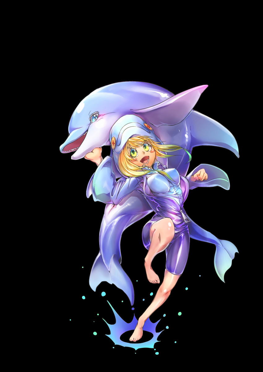 absurd_res alternate_version_at_source ambiguous_gender anus black_background blonde_hair blue_eyes blush cetacean clothing costume dolphin duo female feral glistening glistening_body glistening_skin green_eyes hair hi_res hoodie human mammal marine nipple_outline open_mouth simple_background smile tamanosuke toothed_whale topwear