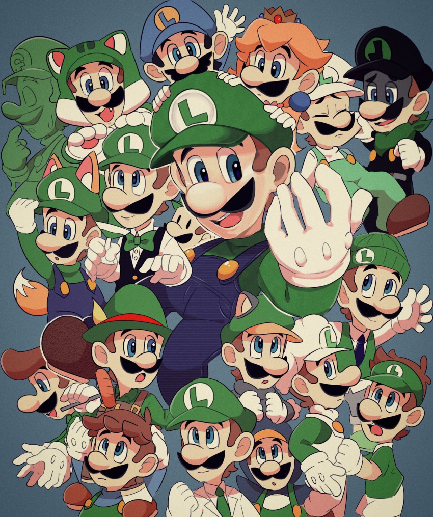 1boy beanie black_footwear blue_eyes blue_headwear blue_overalls boots bow bowtie brown_hair cat_luigi closed_eyes crown facial_hair fire_luigi gloves gooigi green_bow green_bowtie green_headwear green_necktie green_shirt hat highres hiyashimeso kitsune_luigi long_hair luigi mario_(series) mustache necktie open_mouth overalls penguin_luigi shirt short_hair simple_background teeth upper_teeth_only white_gloves white_headwear white_overalls